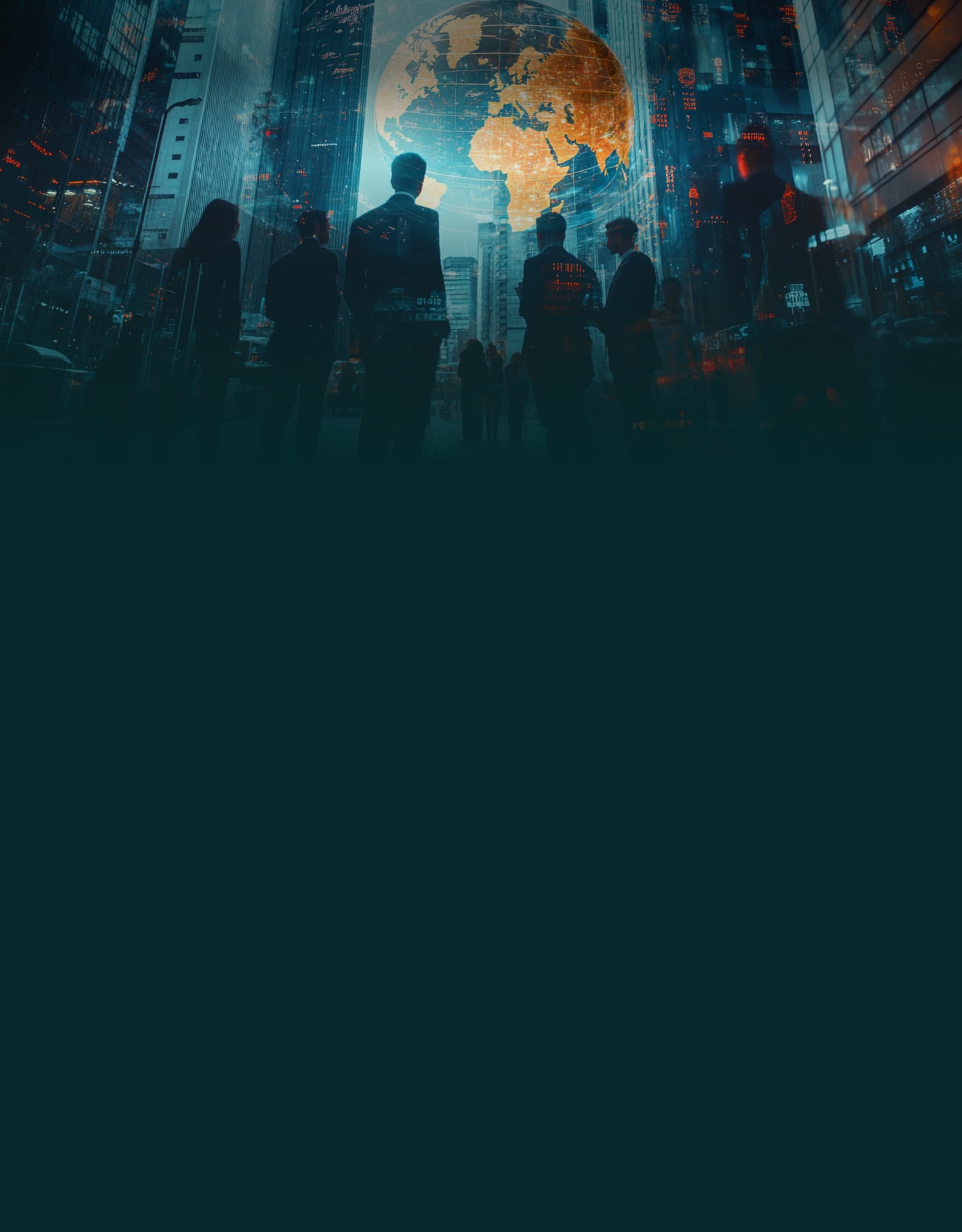 Business leaders looking toward a glowing globe over a city skyline